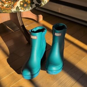 Hunter Teal Boots Block Heel